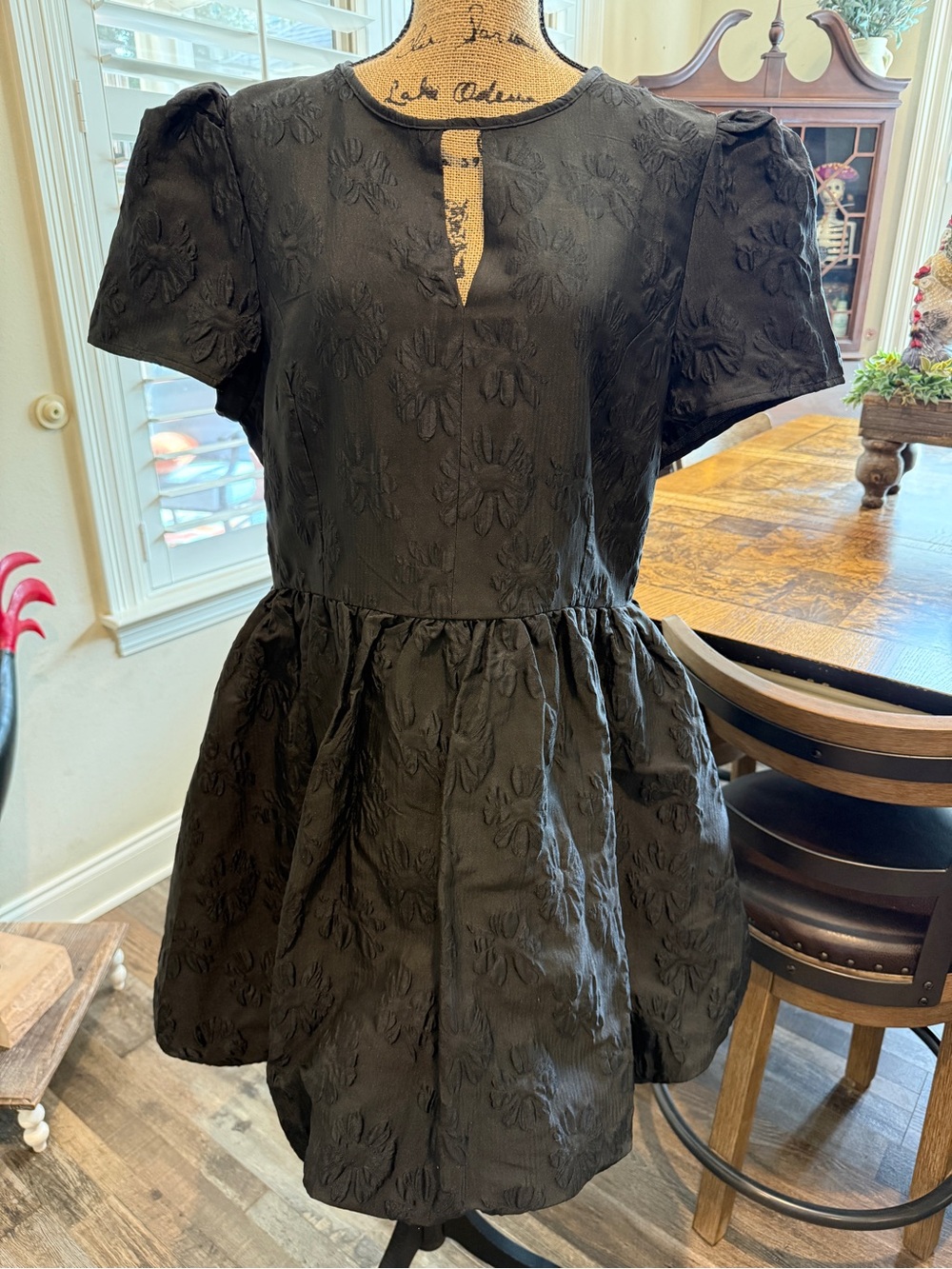 Black Textured Puff-Sleeve Mini Dress